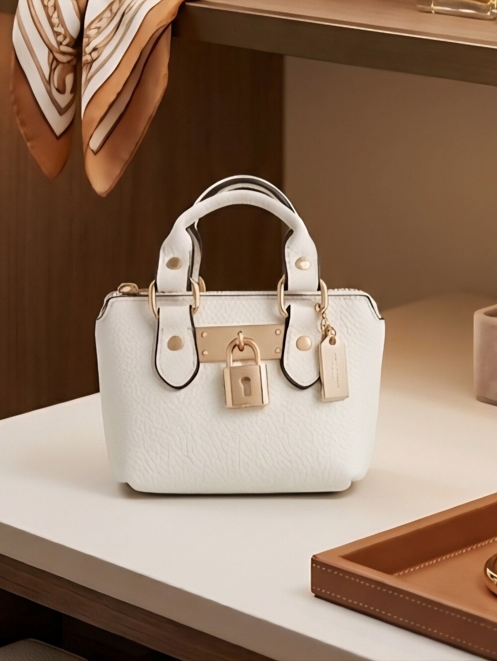 White PU Leather Mini Satchel Handbag Keychain Gold Hardware